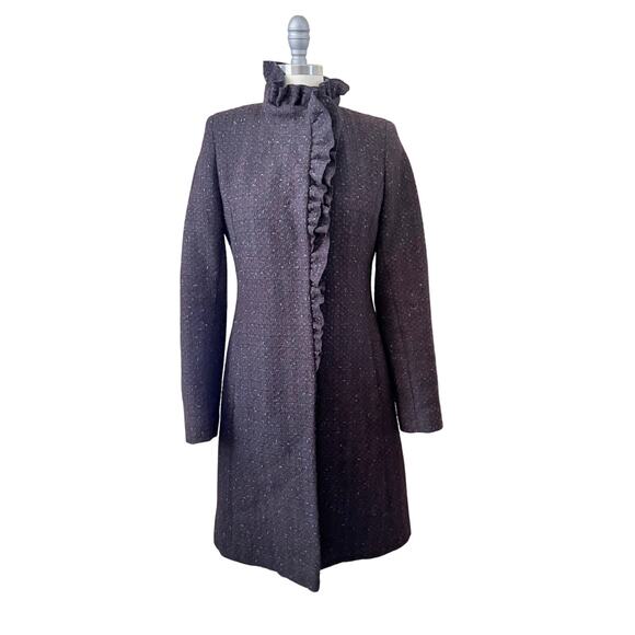 DKNY Vintage Wool Ruffle Tweed Coat Size 2 Cabernet Retro High Neck Jacket - Picture 1 of 8